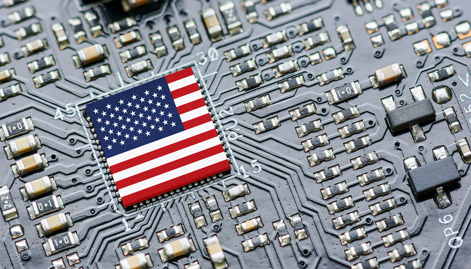 American flag microchip surrounded by a circuit-board