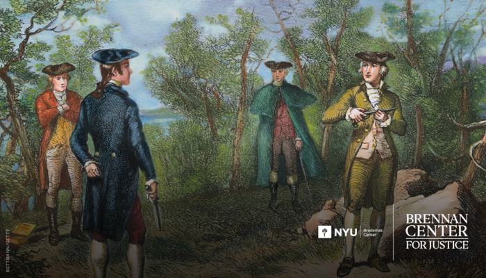Illustration of Alexander Hamilton and Aaron Burr preparing to duel