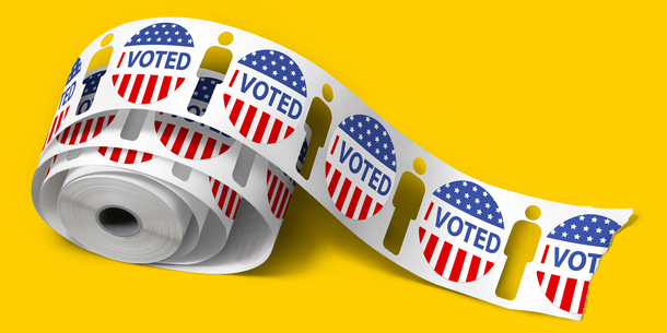 Illustration of a roll of voting stickers with silhouette cutouts of human figures.