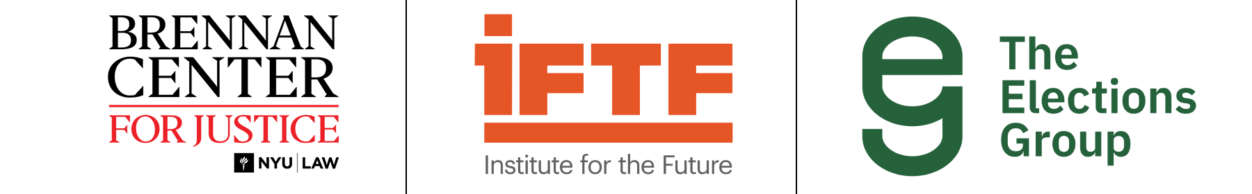 Logos of the Brennan Center, IFTF, and TEG