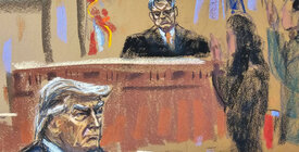 Courtroom sketch of Trump in Manhattan criminal trial