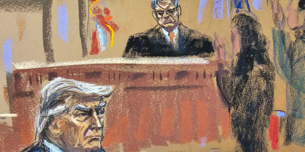 Courtroom sketch of Trump in Manhattan criminal trial