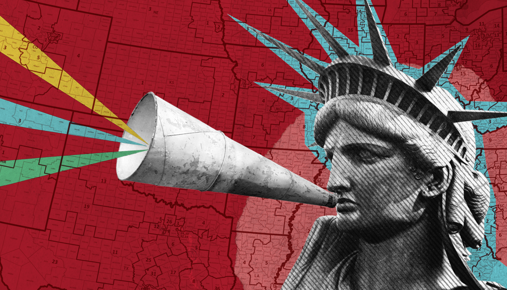 Illustration/collage of Statute of Liberty overtop map of U.S.