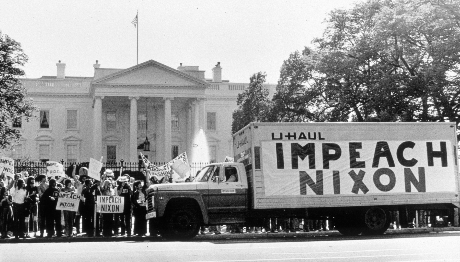 Image of an "Impeach Nixon" demonstration outside the White House
