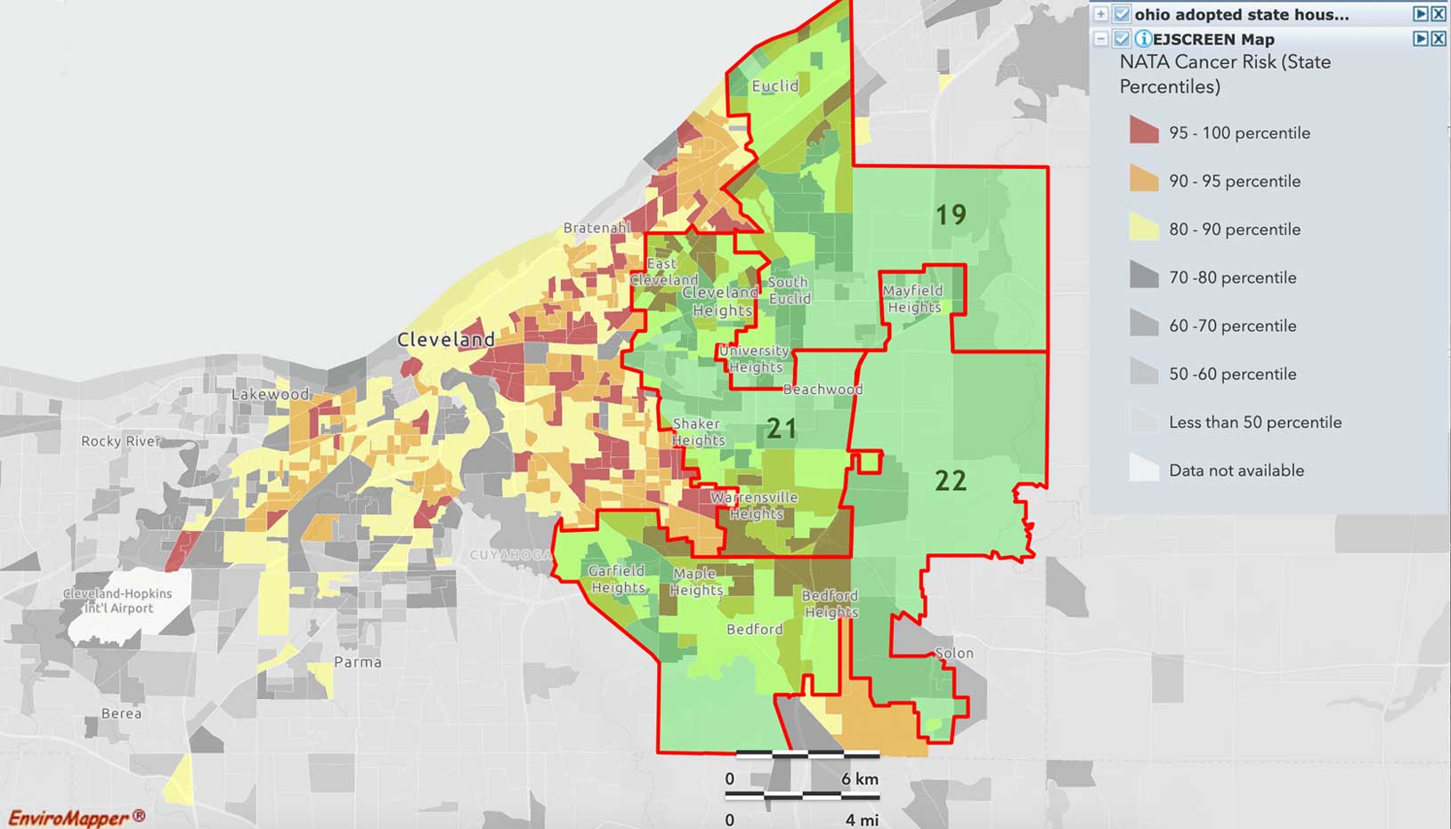 Map of the Cleveland area, showing areas sorted into colors by their cancer risk, with the new adopted Ohio legislative superimposed on top of them