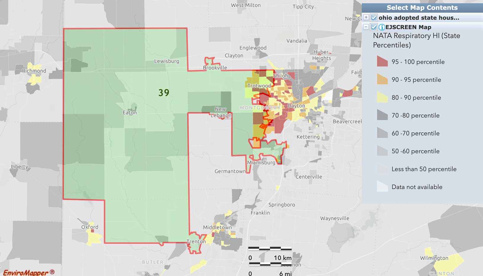 Map of the Dayton, OH area, showing areas sorted into colors by their respiratory disease risk, with the new adopted Ohio legislative superimposed on top of them