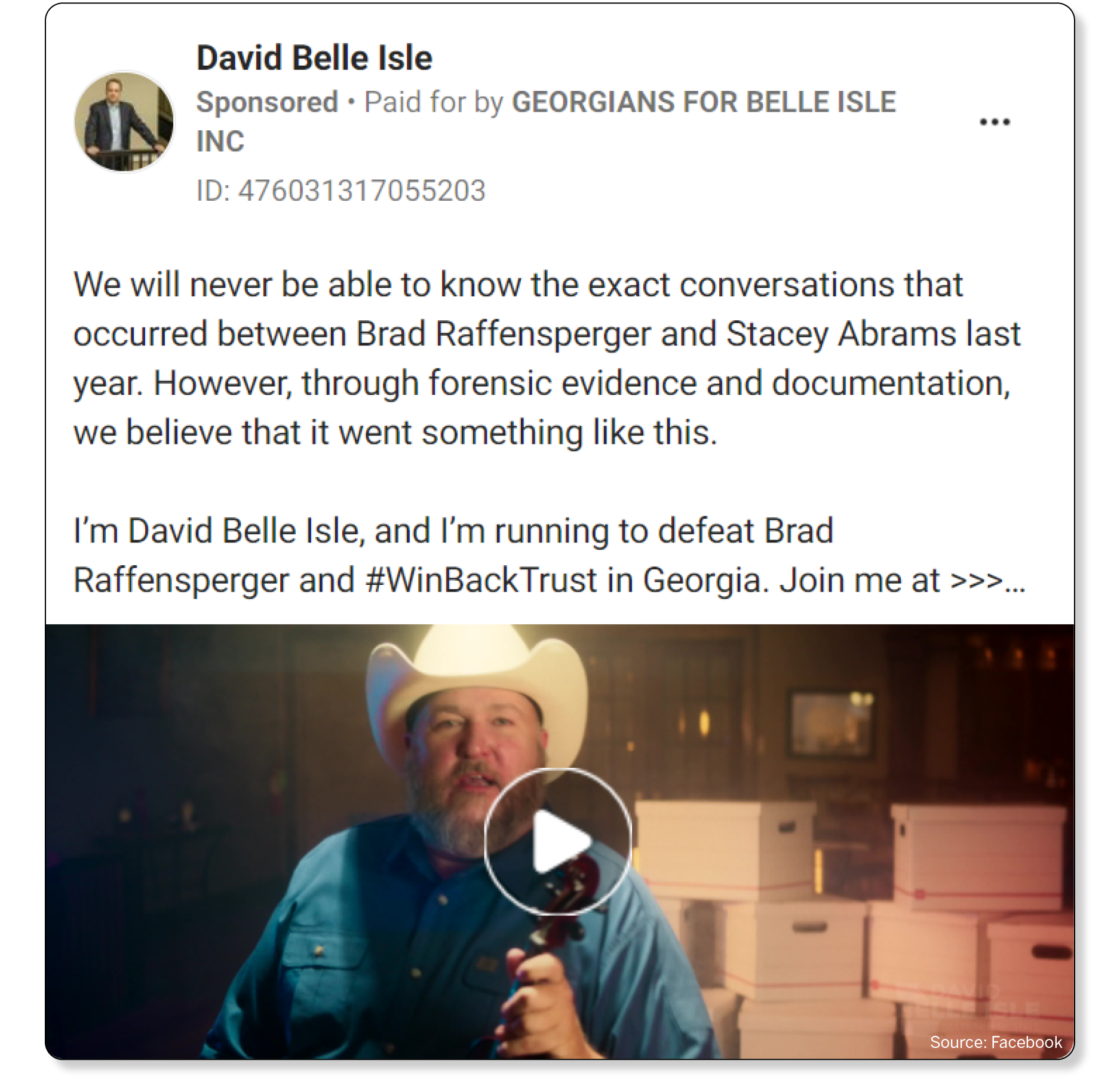Screenshot of David Belle Isle Facebook ad