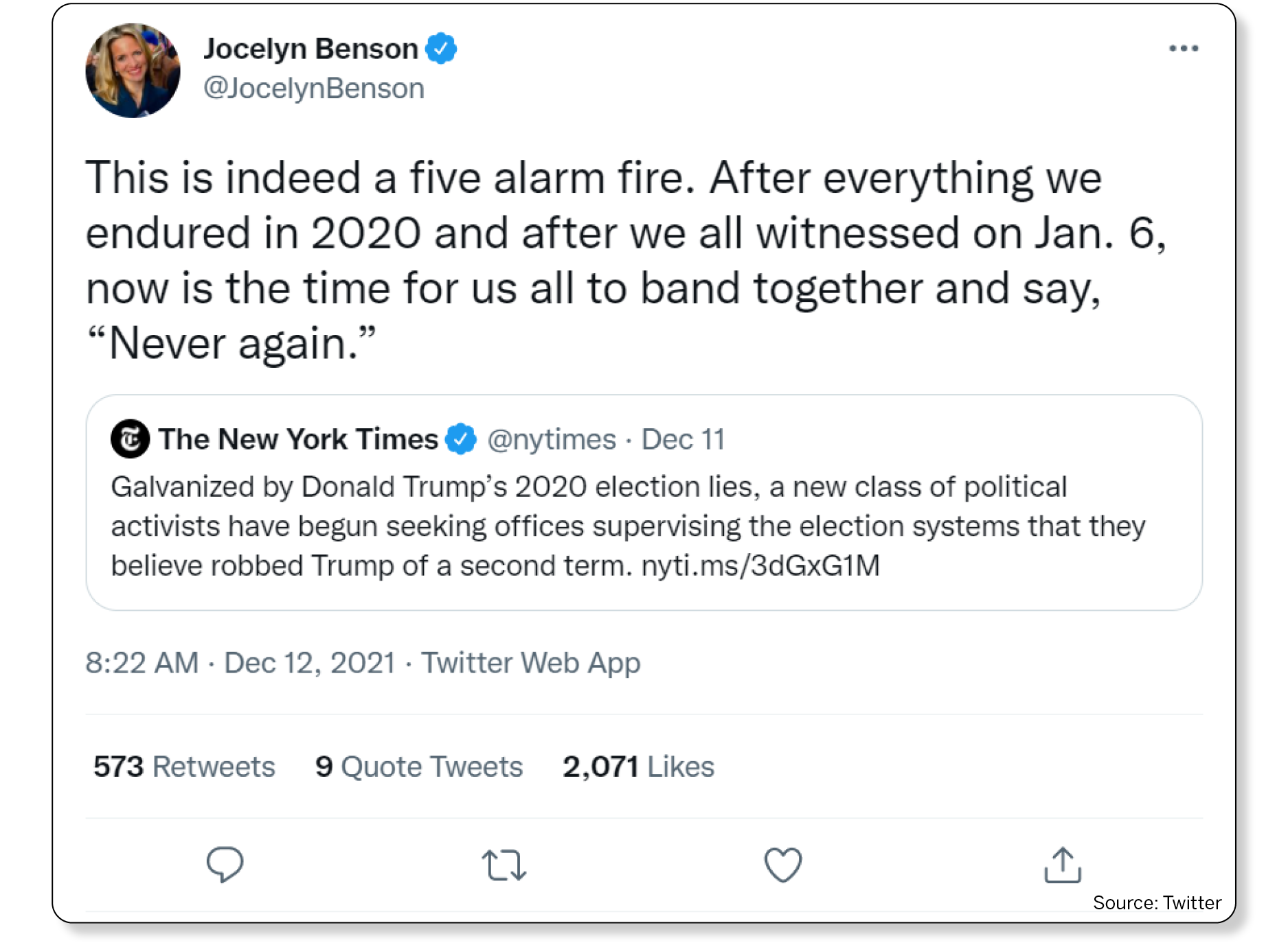 Screenshot of Jocelyn Benson tweet