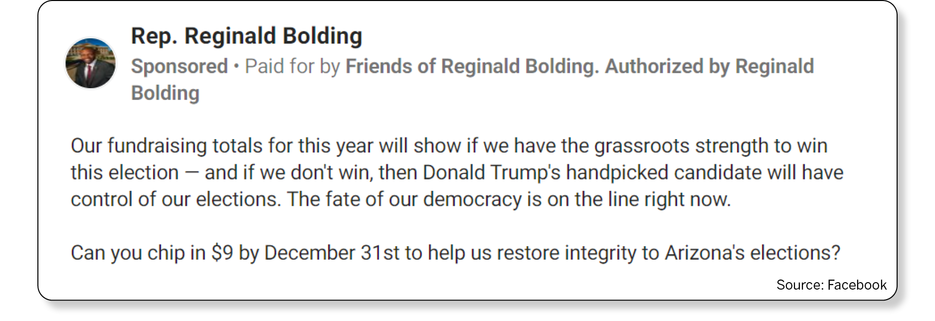 Screenshot of Reginald Bolding Facebook ad