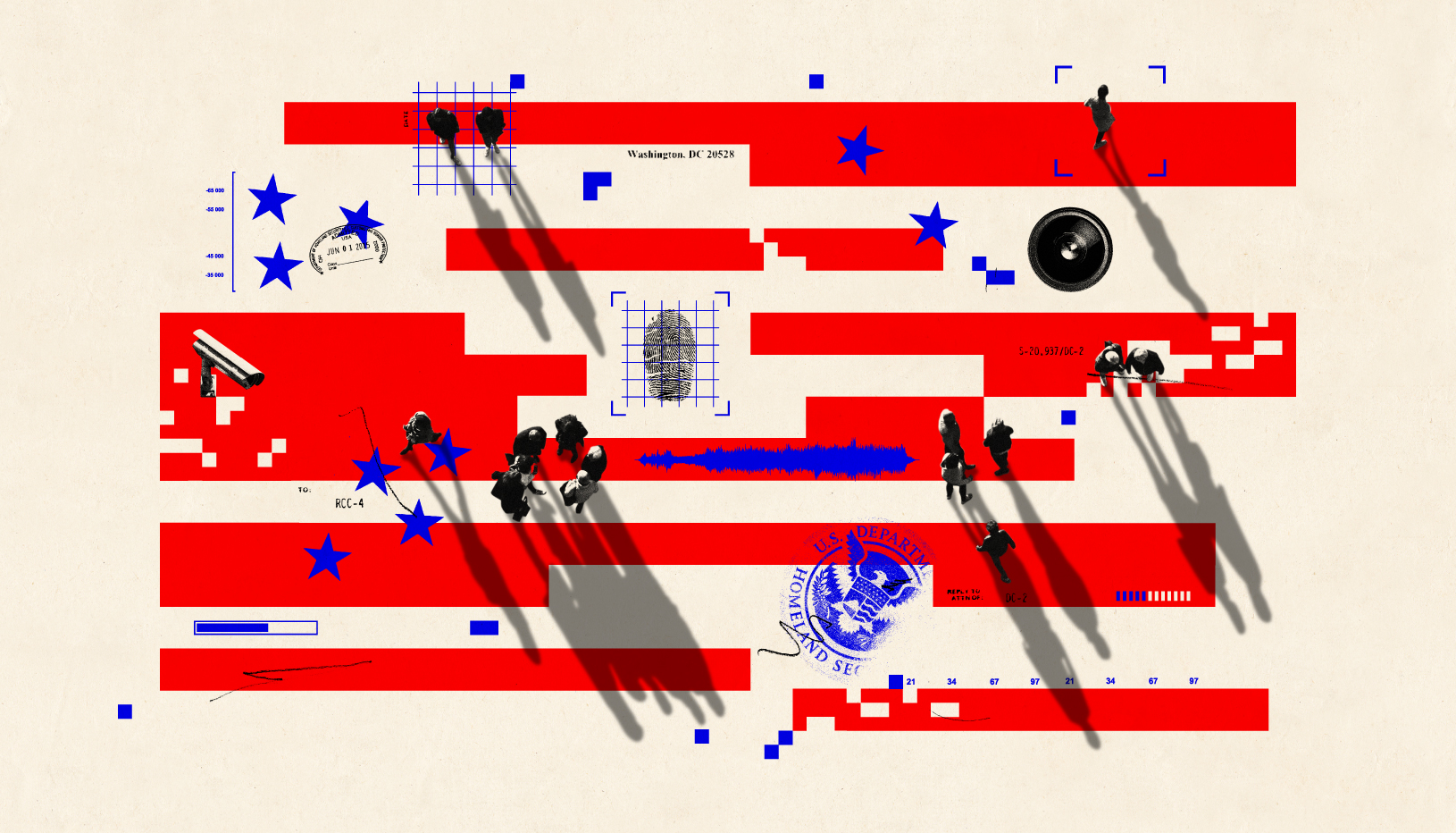 Illustration mixing American flag and surveillance imagery