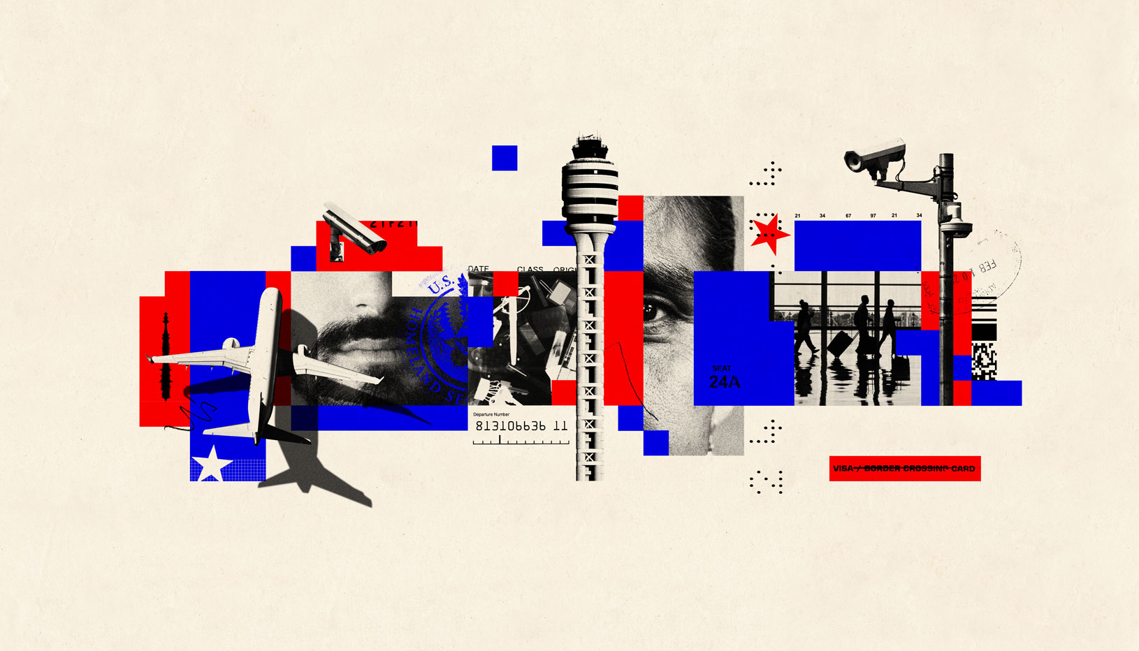 Collage of airport, surveillance cameras, and people's faces