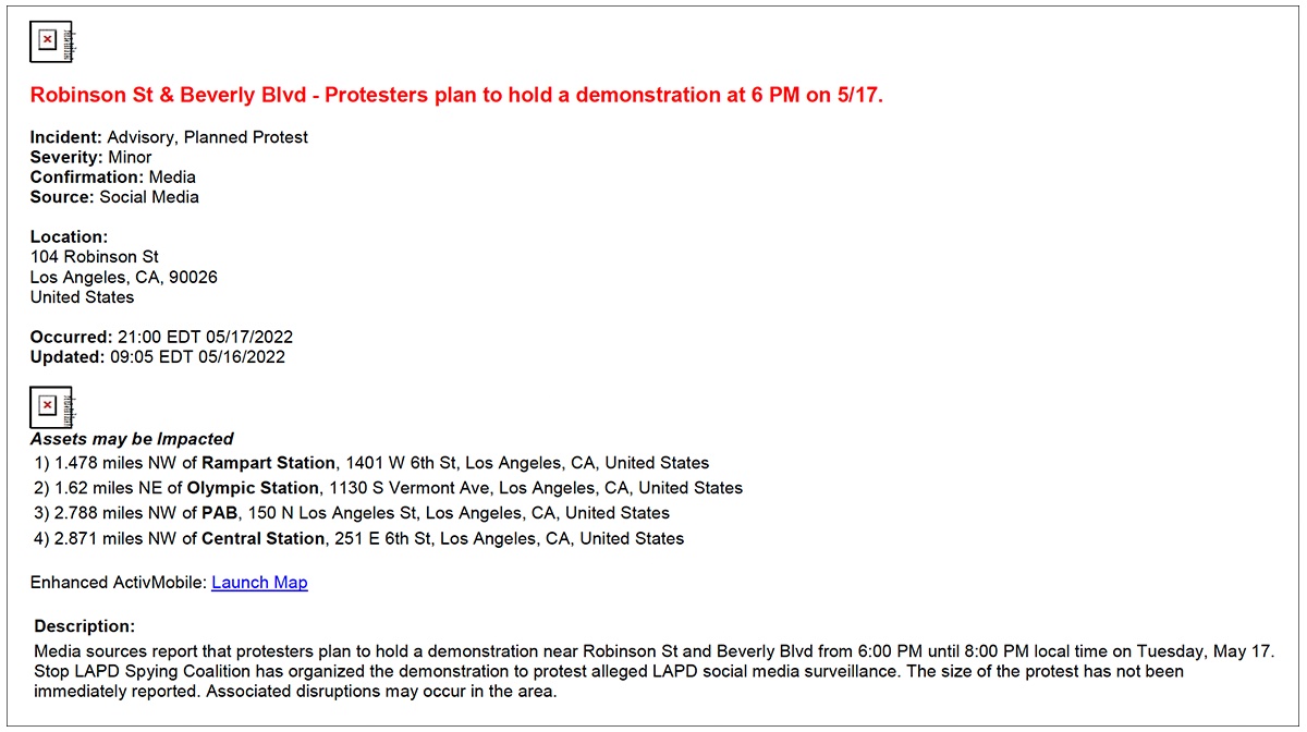 LAPD alert calling our event a planned demonstration