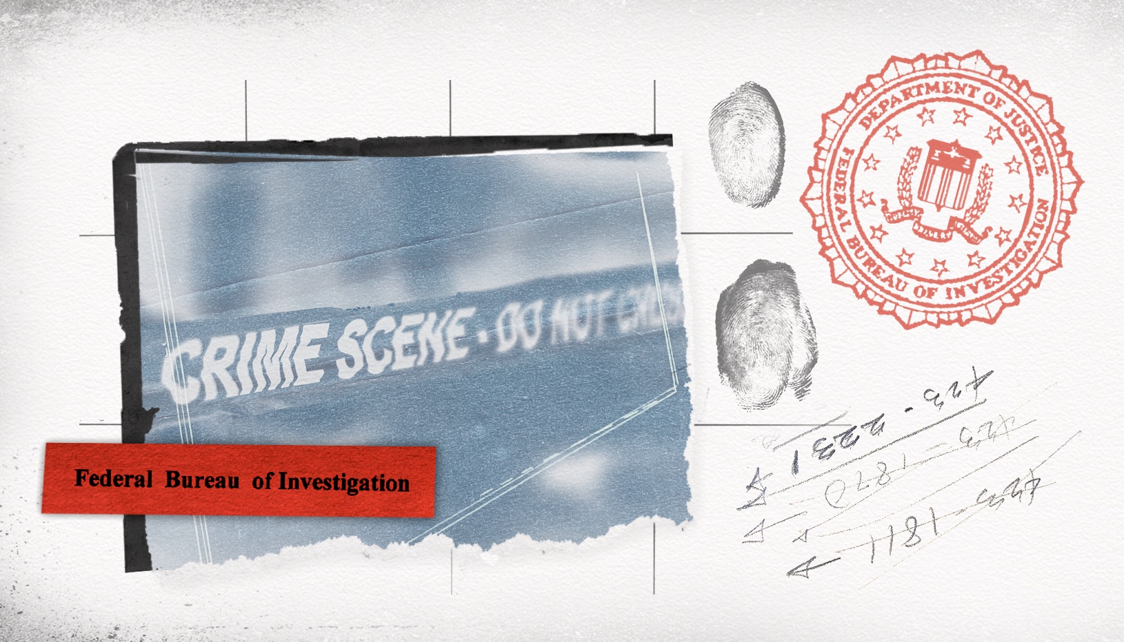 Graphic of crime scene tape, FBI stamp, and fingerprints