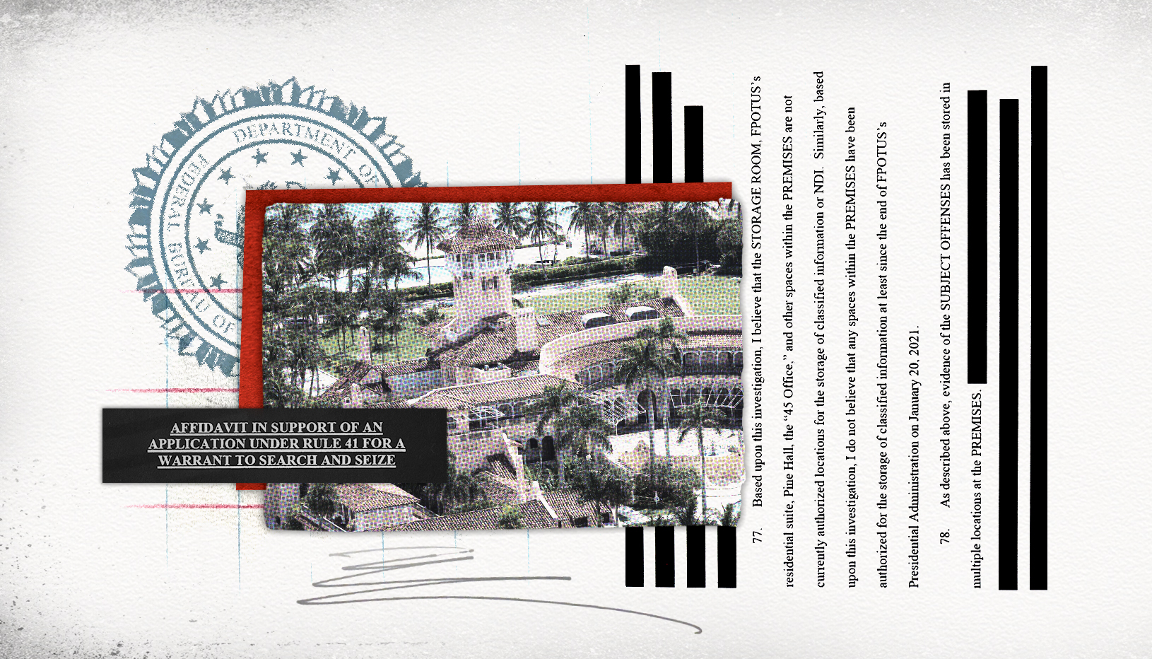 Graphic of Mar-a-Lago, FBI seal, and redacted document