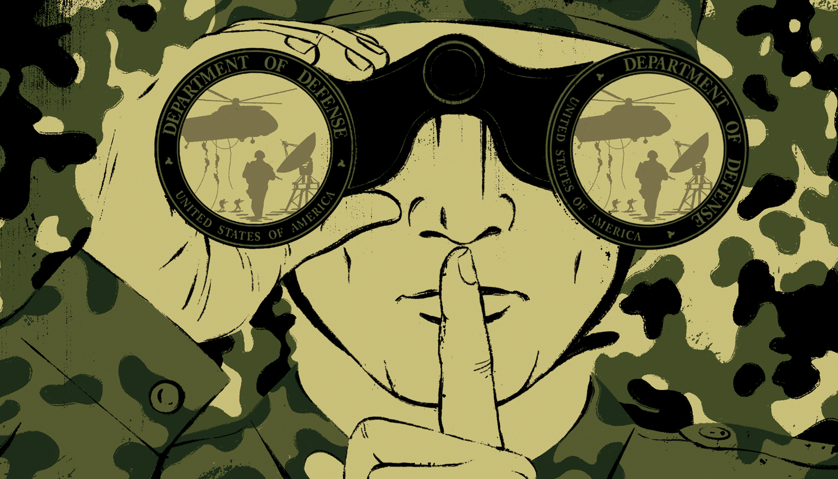 Soldier in camo with finger over mouth