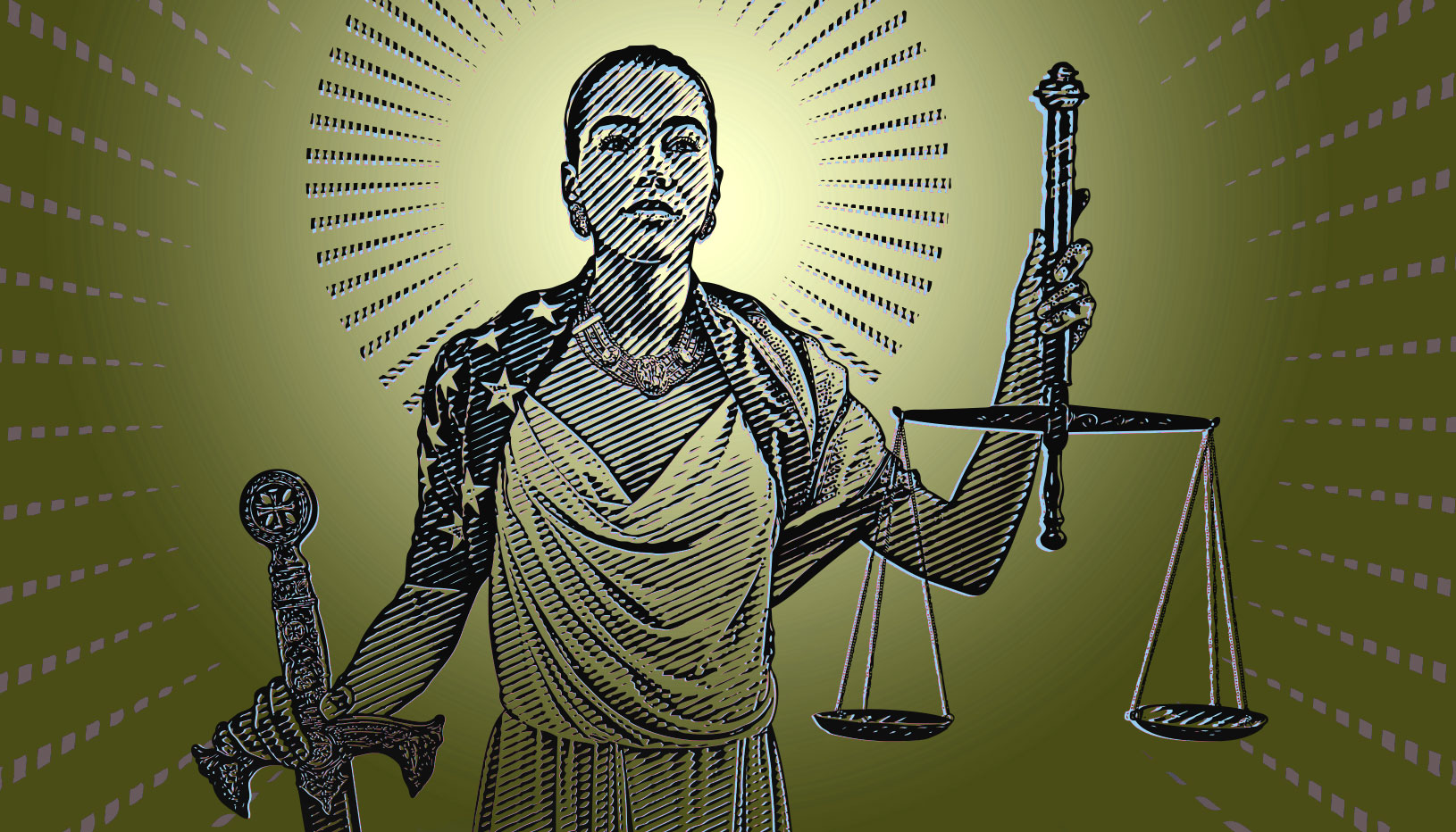 Representation of lady justice holding scales and a sword