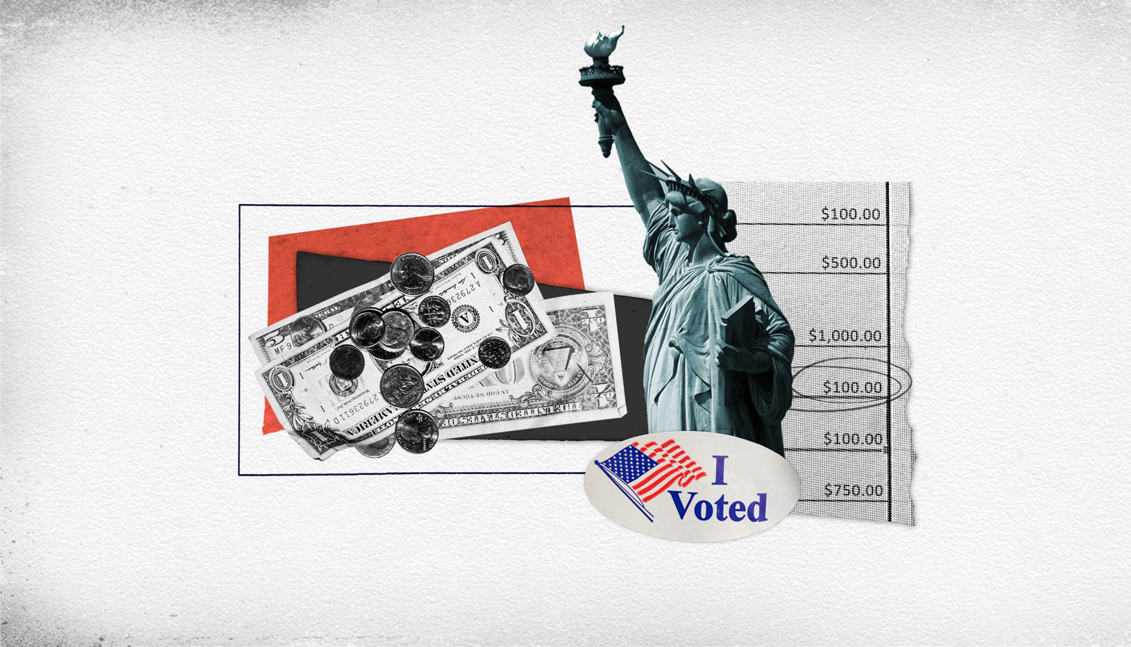 Graphic of U.S. dollars and cents, Statue of Liberty, and an "I Voted" sticker