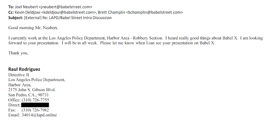Screenshot of email correspondence between Babel Street and the Los Angeles Police Department.