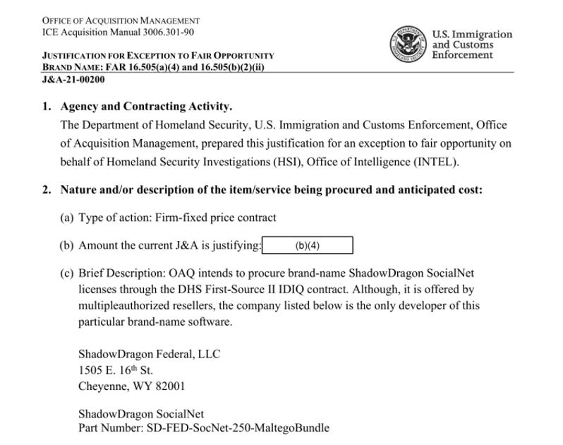 Procurement document between ShadowDragon and U.S. Immigration and Customs Enforcement.