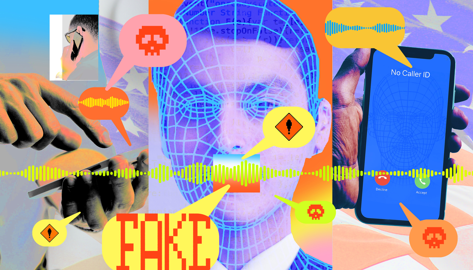 Illustration of person with speech bubble saying "Fake," and a phone screen