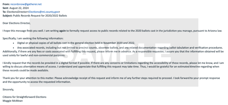 Sample email that could be used to overwhelm election offices with FOIA requests