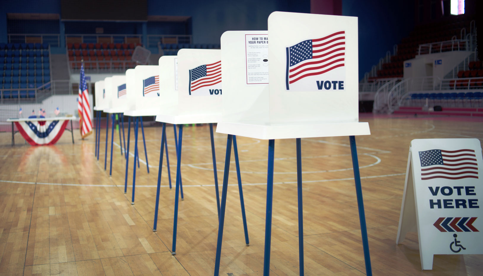 Line of empty voting booths