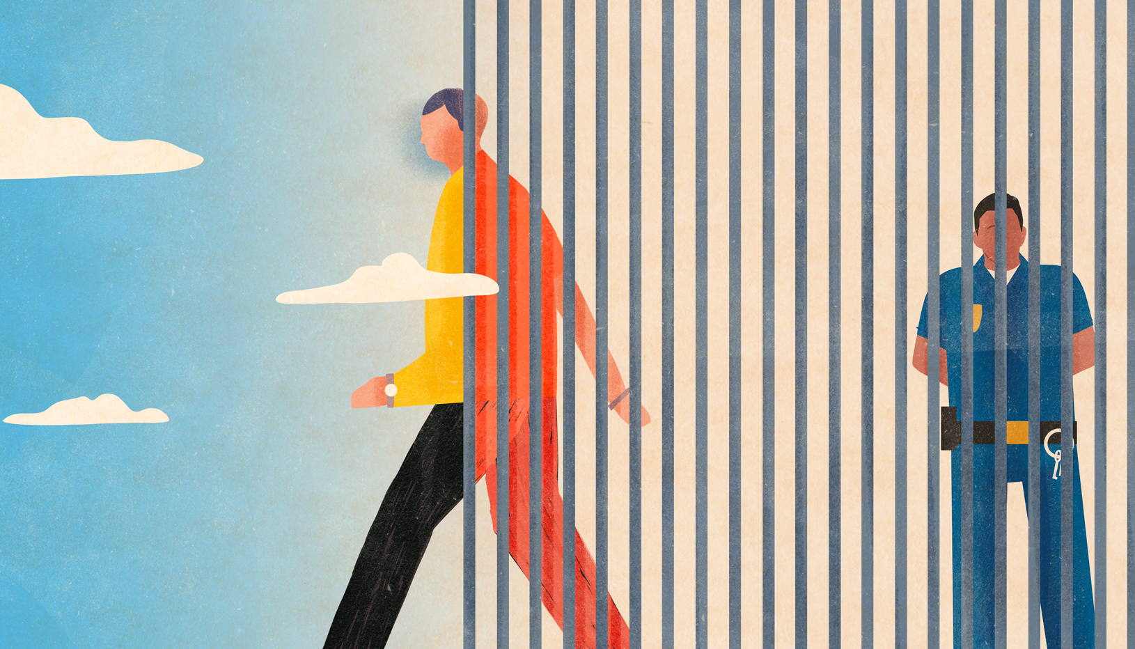 Illustration of a formerly incarcerated person walking out from bars into the sun, shedding their orange prison jumpsuit and revealing street clothes.