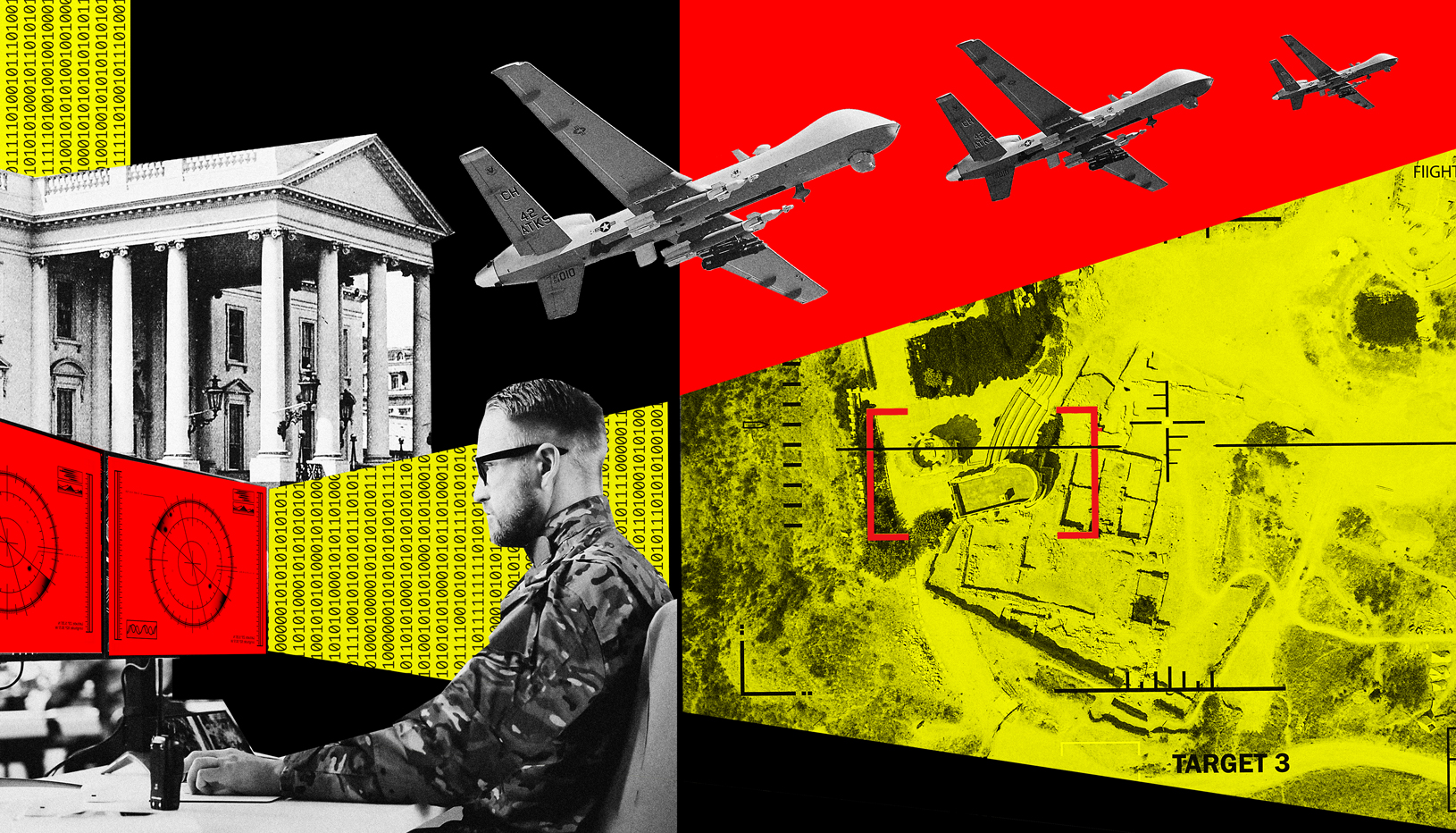 Illustration with a collage of binary code, the White Hose, drone bombers, a drone operator, and a satellite targeting image.
