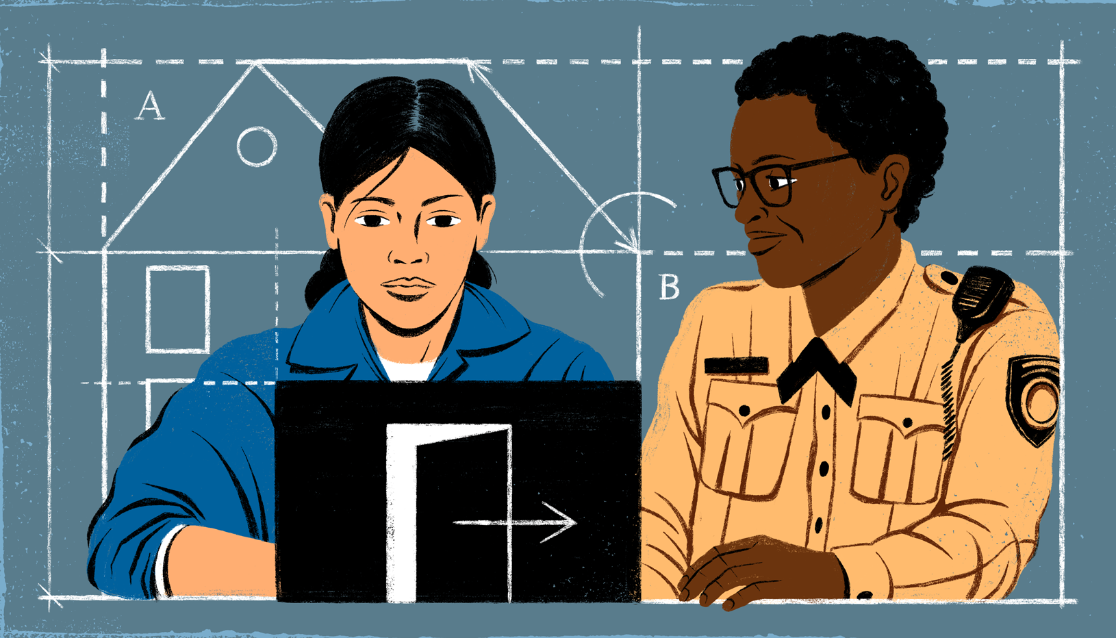 Illustration of an incarcerated person and corrections officer reviewing construction document