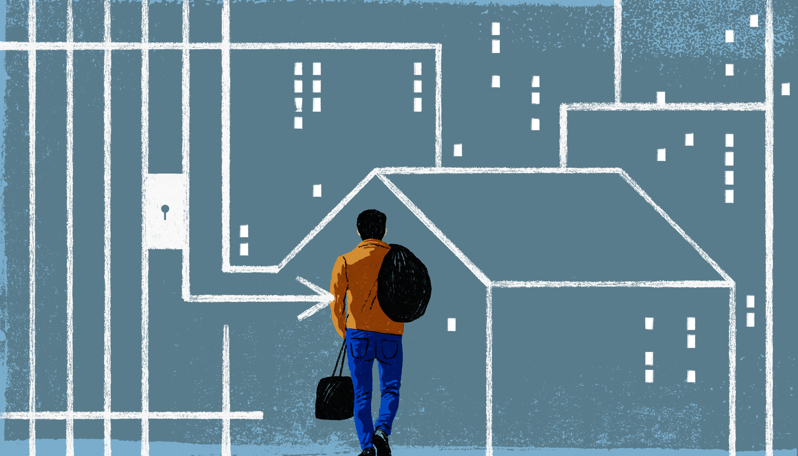 Illustration of man leaving prison and reentering society