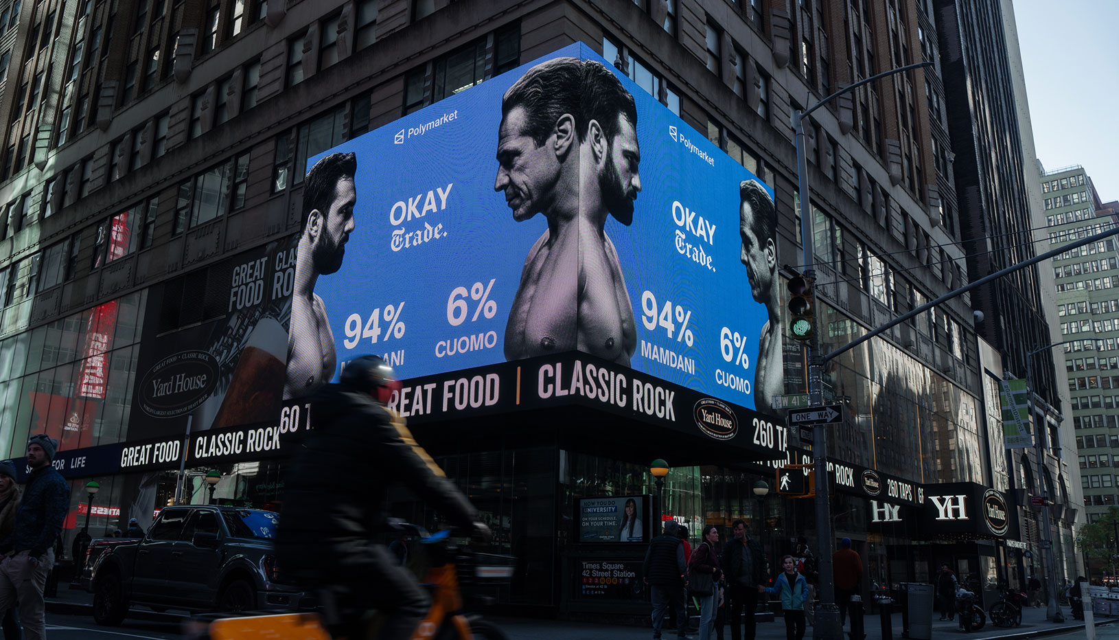 Billboard with Polymarket prediction of NYC mayoral race