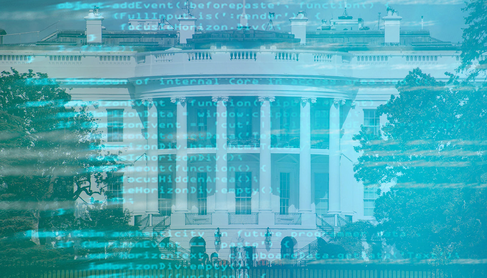 image of white house behind blue tinted, computerized letters and symbols