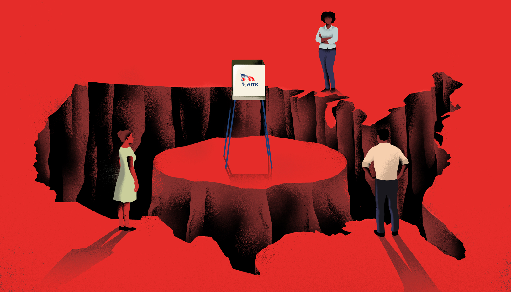 Illustration of the silhouette of the United States as a canyon, with a pedestal in the middle holding a voting booth.