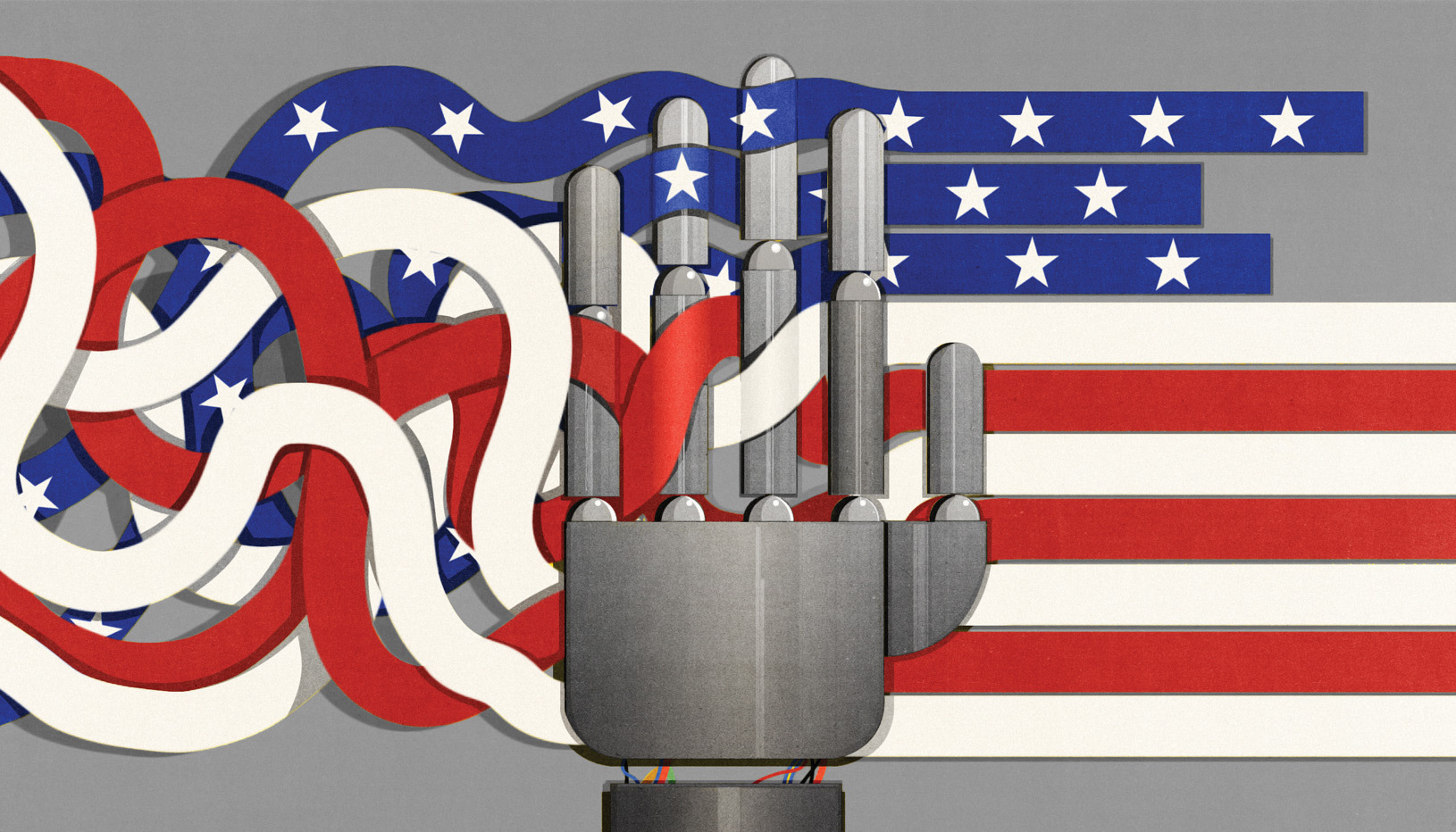 Robot hand disrupting American flag