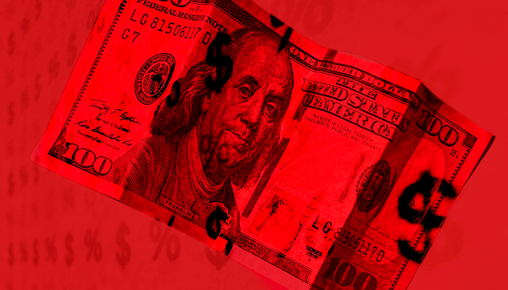 $100 bill with red filter