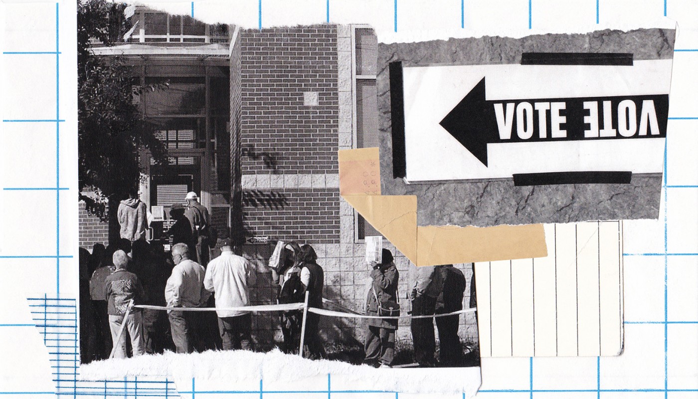 Collage illustrastion of voters waiting in line