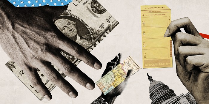 Collage of hands, money, the U.S. Capitol: H.R. 1
