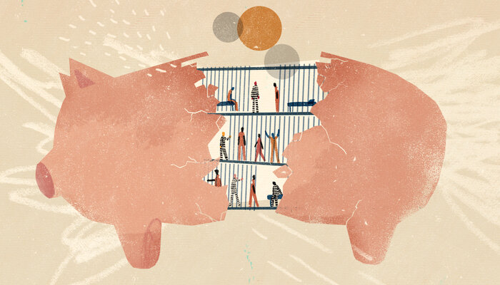 Broken piggy bank revealing incarcerated people and money