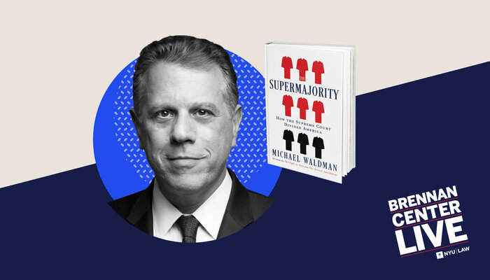 Headshot of speaker Michael Waldman and image of book cover