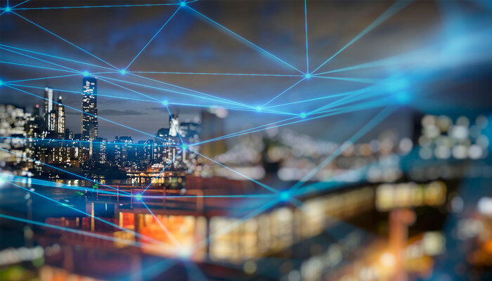 A city with lasers running through it