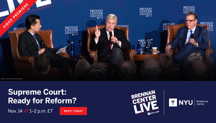 Kenji Yoshino, Sheldon Whitehouse, and Michael Waldman sitting on a stage