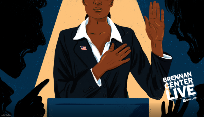 Illustration of a person taking oath of office while silhouetted people shout at them