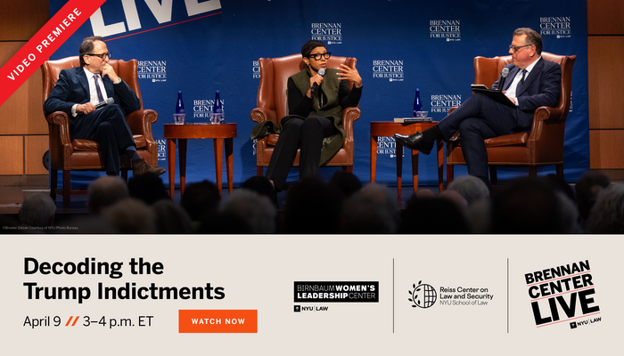 photograph of speakers Andrew Weissmann, Melissa Murray, and Michael Waldman onstage
