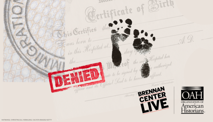 Illustration of a birth certificate and a stamp reading "DENIED"