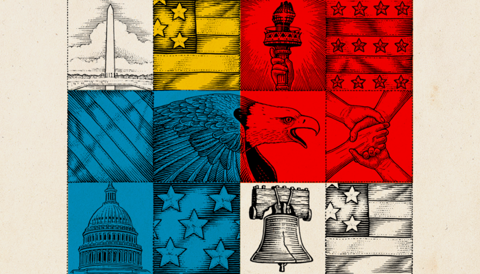 illustration featuring a mosaic of classic American politcal images that  in red, white and blue tiles