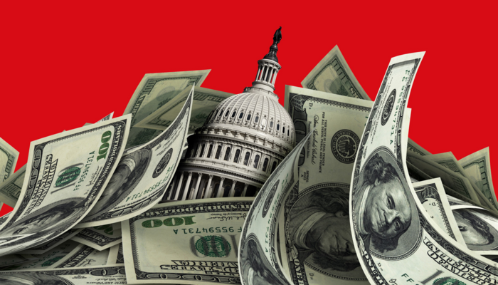 illustration of the capital building engulfed by money