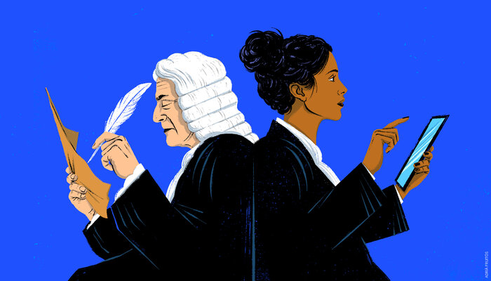 graphic illustration of a judge and lawyer on a blue background
