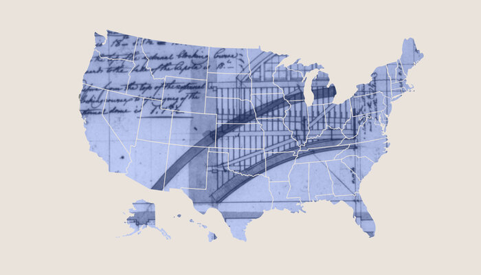 illustration featuring grayscale United States with a bridge across