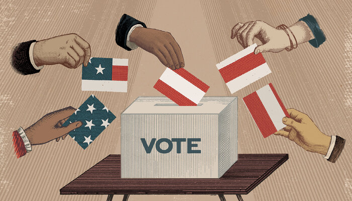 illustration of diverse color hands putting parts of the United States in a voting box