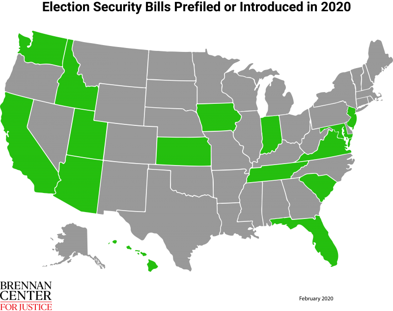 Map of election security bills prefiled or introduced in 2020.